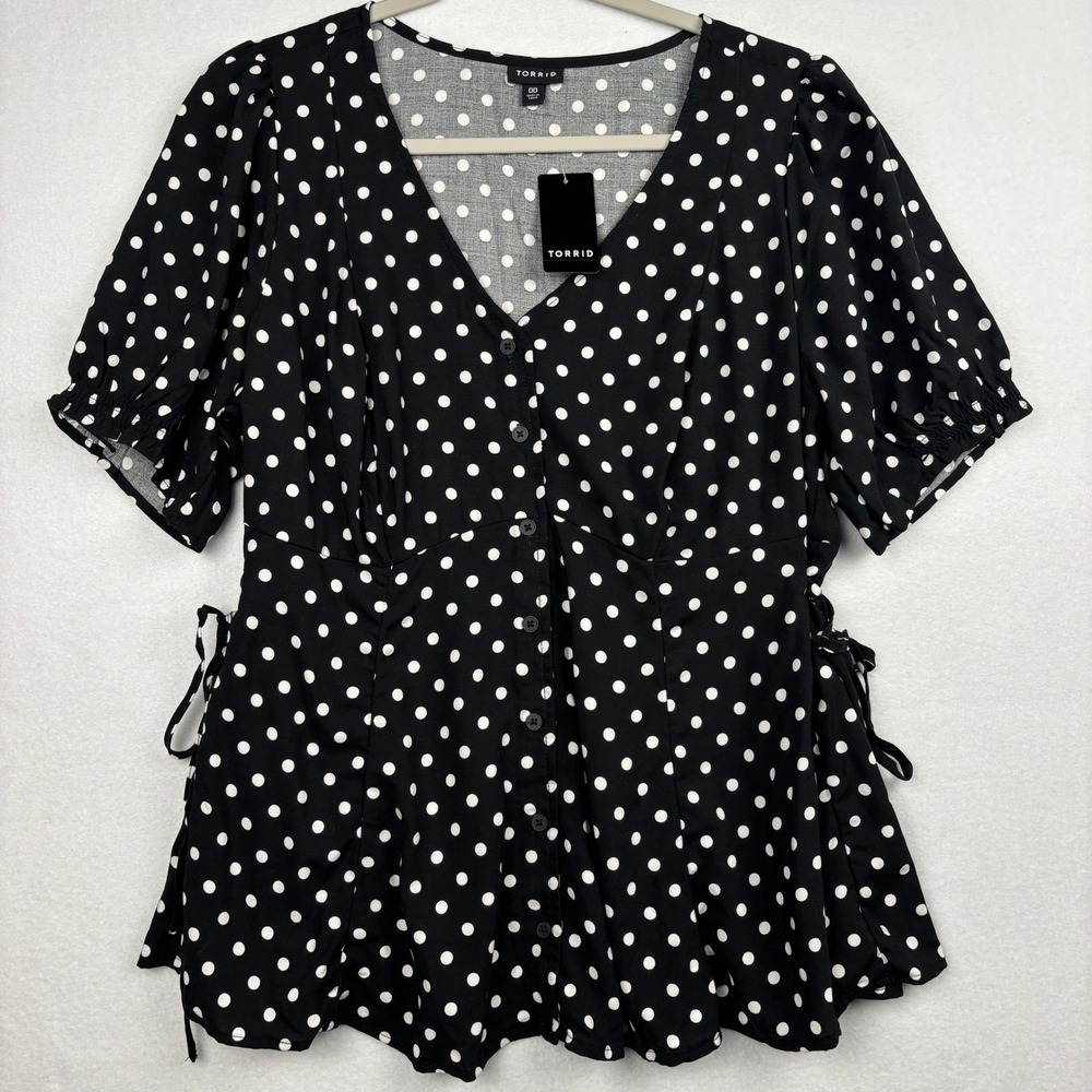Torrid Blouse Womens 00 0X Plus Polka Dot Side Tie Peplum NWT